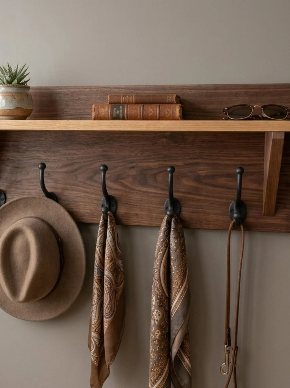 Wood Wall Shelf with Five Double Hooks - Brown
